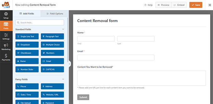 Create content removal form