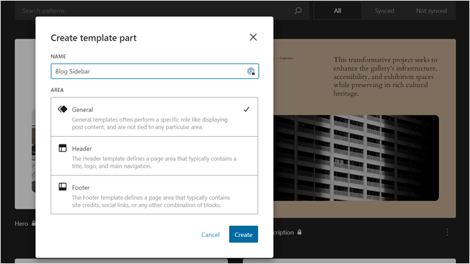 The Create template part popup in the WordPress Full Site Editor
