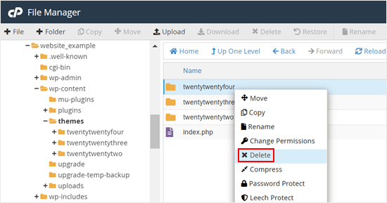 Deleting a WordPress theme using the file manager