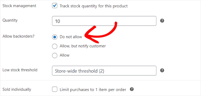 Disable backorders for products
