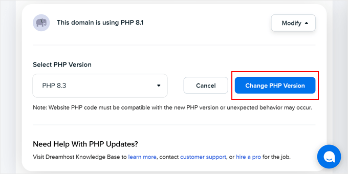 Changing the PHP version in DreamHost