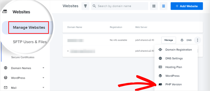 Opening the Manage Websites section and clicking PHP Version in DreamHost