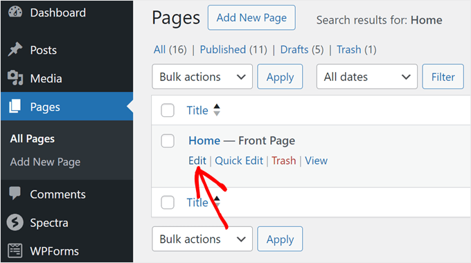 Clicking the Edit button to edit an existing WordPress page