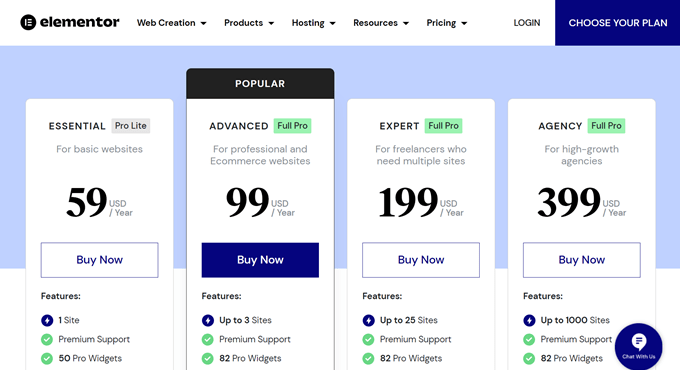 Elementor's pricing page