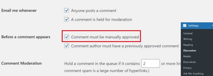 Enable manual comment approval