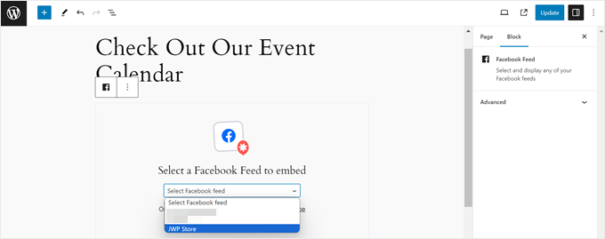 Choosing a Facebook Feed to display the event calendar in the block editor