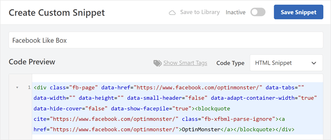 Pasting the Facebook Like Box custom code snippet in WPCode