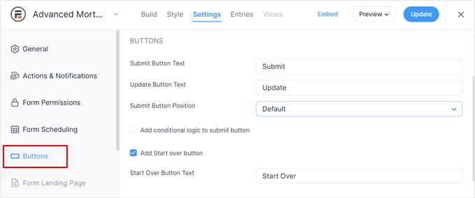 Configuring the Buttons settings in Formidable Forms