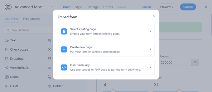 WebHostingExhibit formidable-forms-embed-popup-min How to Add a Mortgage Calculator in WordPress (Step by Step)  