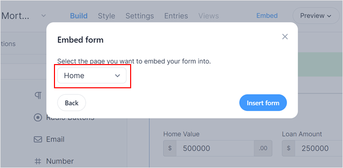 Selecting a page to insert the Formidable Forms form in