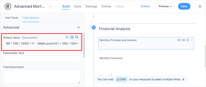 The Financial Analysis section in a Formidable Forms mortgage calculator