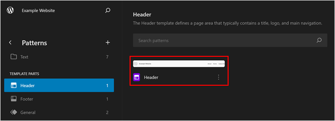 Opening the header template part in the WordPress Full Site Editor