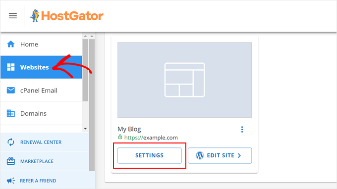 Opening the Websites tab in HostGator and clicking the Settings button