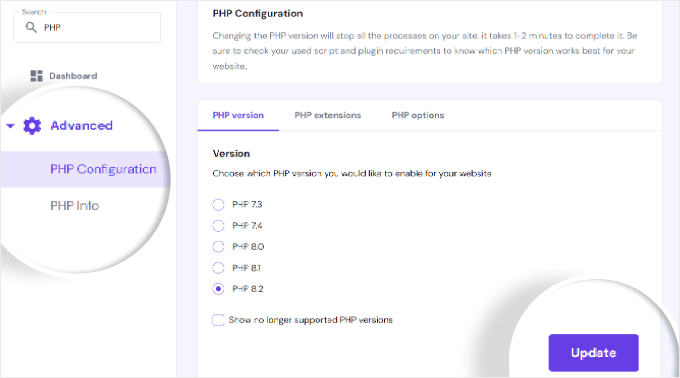 Updating PHP version in Hostinger