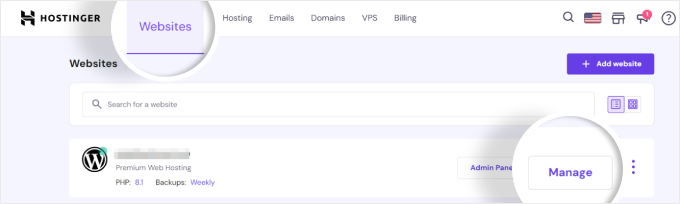 Switching to the Websites tab in Hostinger and clicking the Manage button