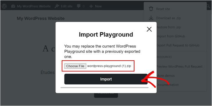 Importing a WordPress Playground zip file
