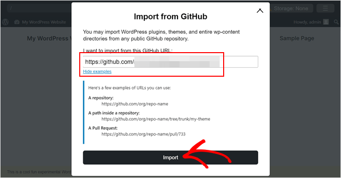 Selecting a GitHub repository to import from in WordPress Playground
