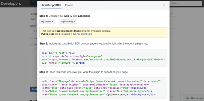 The JavaScript SDK codes to embed the Facebook Like Box