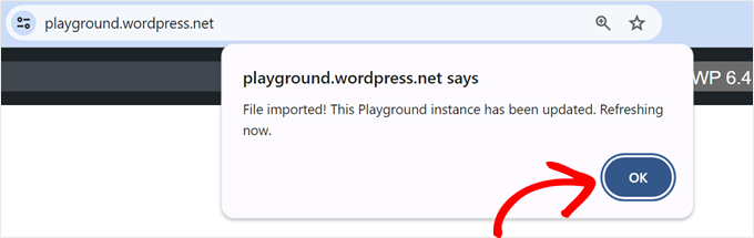 A popup message saying the WordPress Playground file import was successful