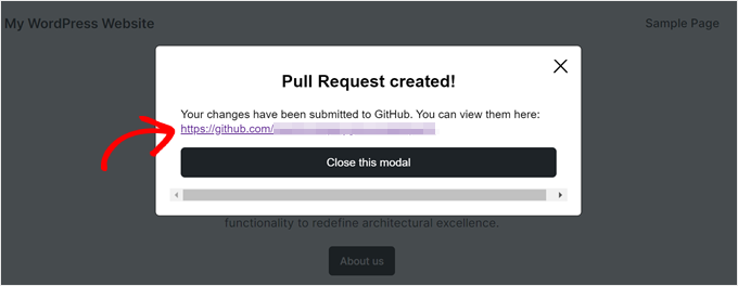Clicking the link to a newly created pull request of the WordPress Playground instance