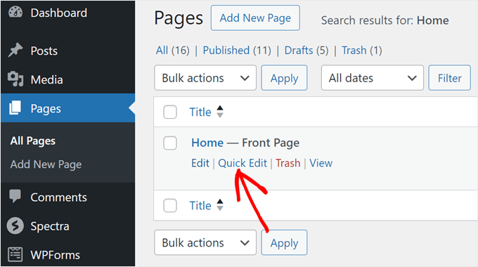 Clicking the Quick Edit button in the WordPress Pages page