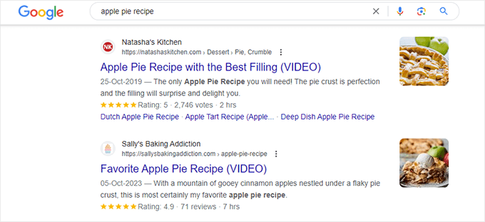 Schema markup displayed in search results