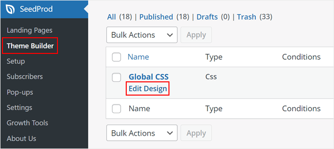 Editing a theme template kit's Global CSS in SeedProd
