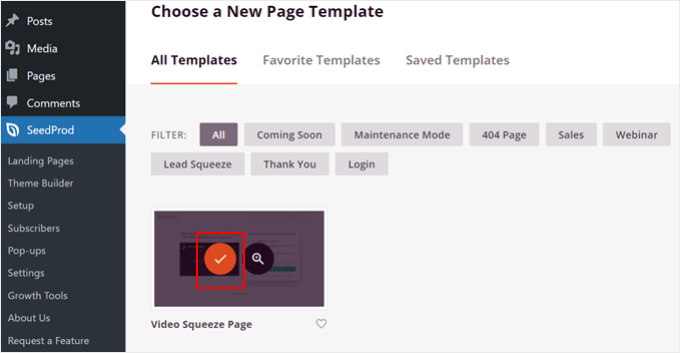 Choosing the Video Squeeze Page template in SeedProd