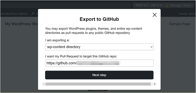 Choosing a GitHub repository to export the WordPress Playground to