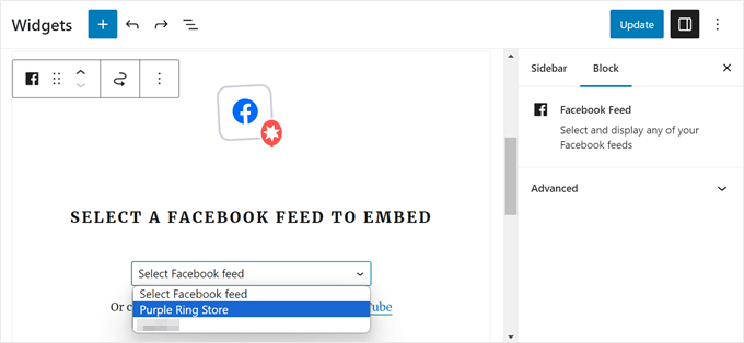 Selecting a Smash Balloon Facebook Feed to embed in the widget editor