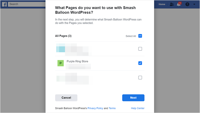 Selecting Facebook Pages to use as sources in Smash Balloon