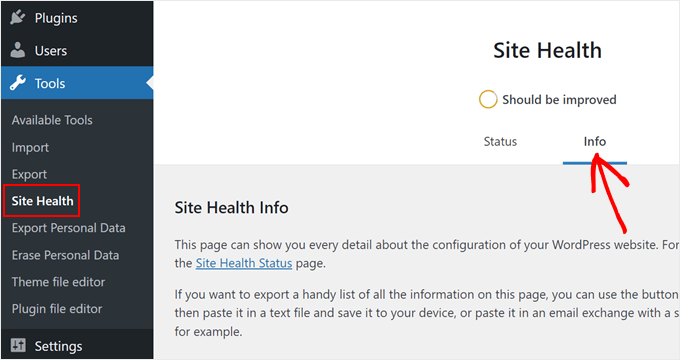 Abrindo a guia Info dentro do menu Site Health na área de administração do WordPress