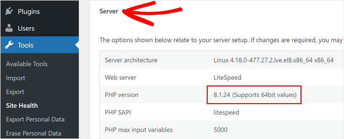 Controlla la versione PHP del tuo server nella pagina Stato del sito WordPress
