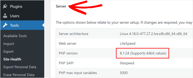 Verificando a versão do PHP do seu servidor na página de integridade do site do WordPress