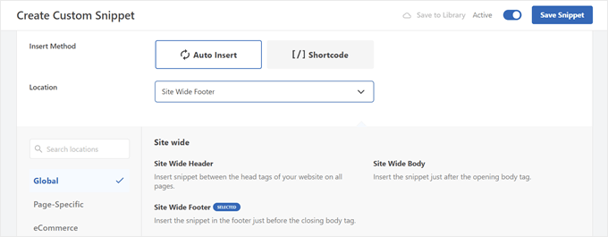 Selecting the Side Wide Footer location in WPCode