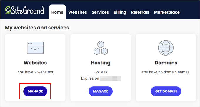 Clicking the Manage button inside the SiteGround control panel