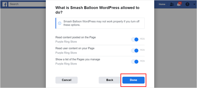The Smash Balloon permission settings when connected to Facebook