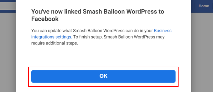 Confirming that the Smash Balloon and Facebook connection is successful