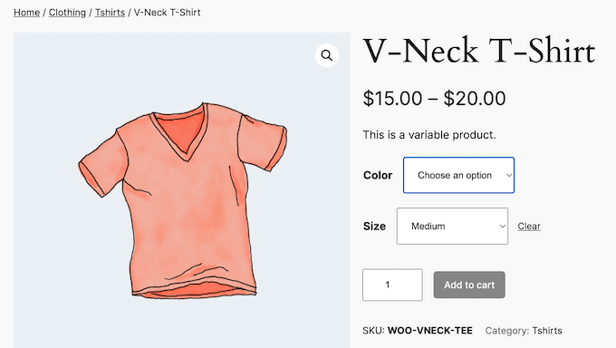 An example of a variable product, created using WordPress and WooCommerce 