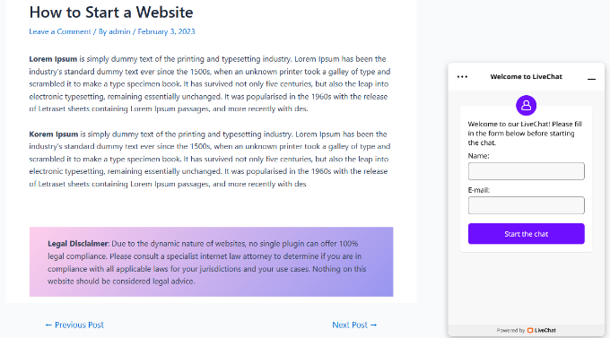 An example of live chat, on a WordPress blog or website