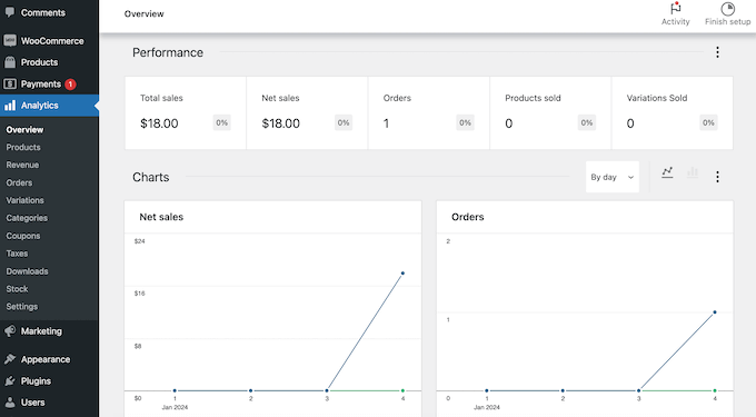 The built-in WooCommerce analytics dashboard