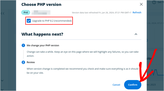 Confirming to update the PHP version in WP Engine