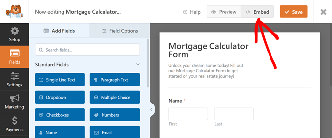 Clicking the Embed button in WPForms