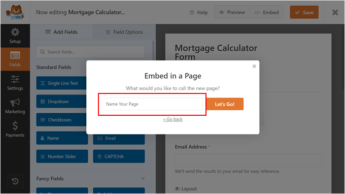 Creating a new page to embed the WPForms form in