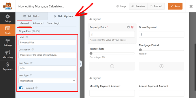 Configuring the WPForms' General field options
