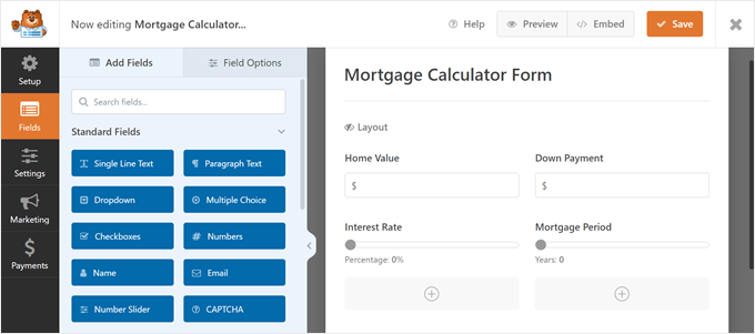 Customizing the mortgage calculator form template in the WPForms builder