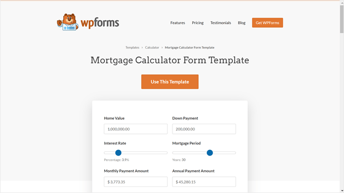 WPForms' mortgage calculator form template