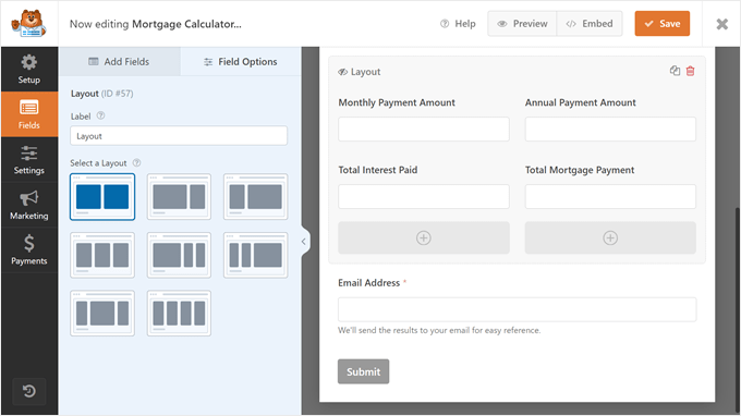 The mortgage calculation section in the WPForms mortgage calculator form template