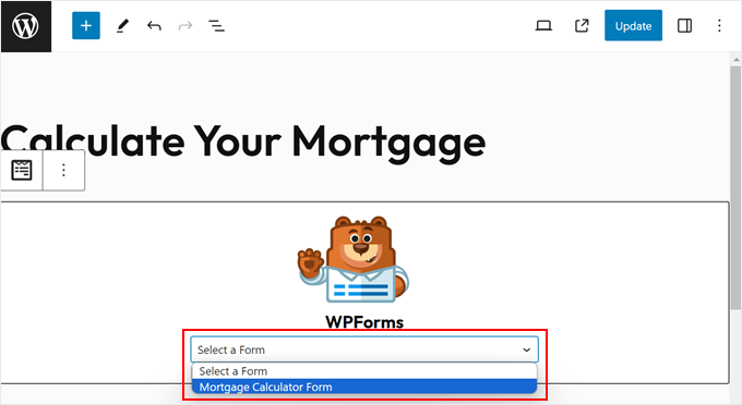 Selecting a WPForms form to add in the block editor