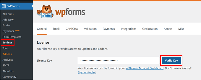 Verifying a WPForms license key